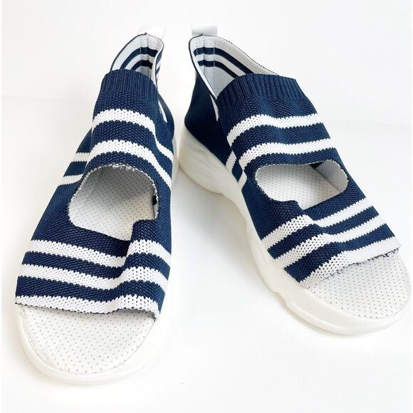 Fish Mouth Knitted Sandals Light Stretch Womens 6.5 Blue White Stripe Slip On - Picture 2 of 8